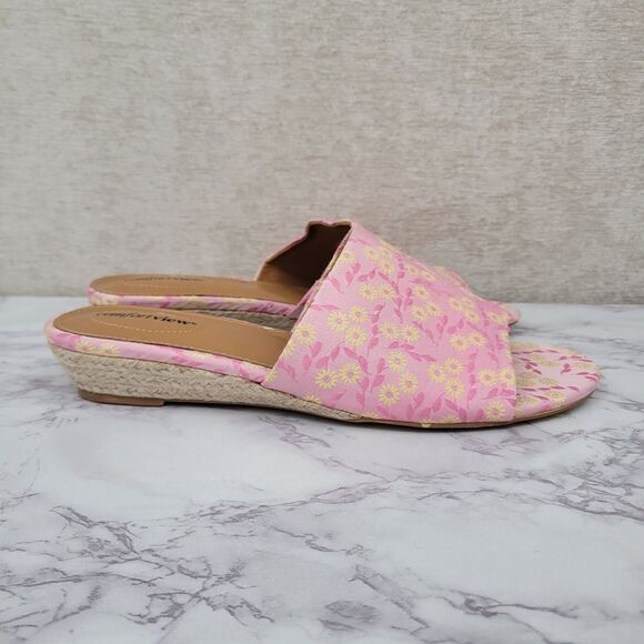 Comfortview Women's The Capri Slip On Mule Pink Floral Wedge Sandals - Picture 1 of 9